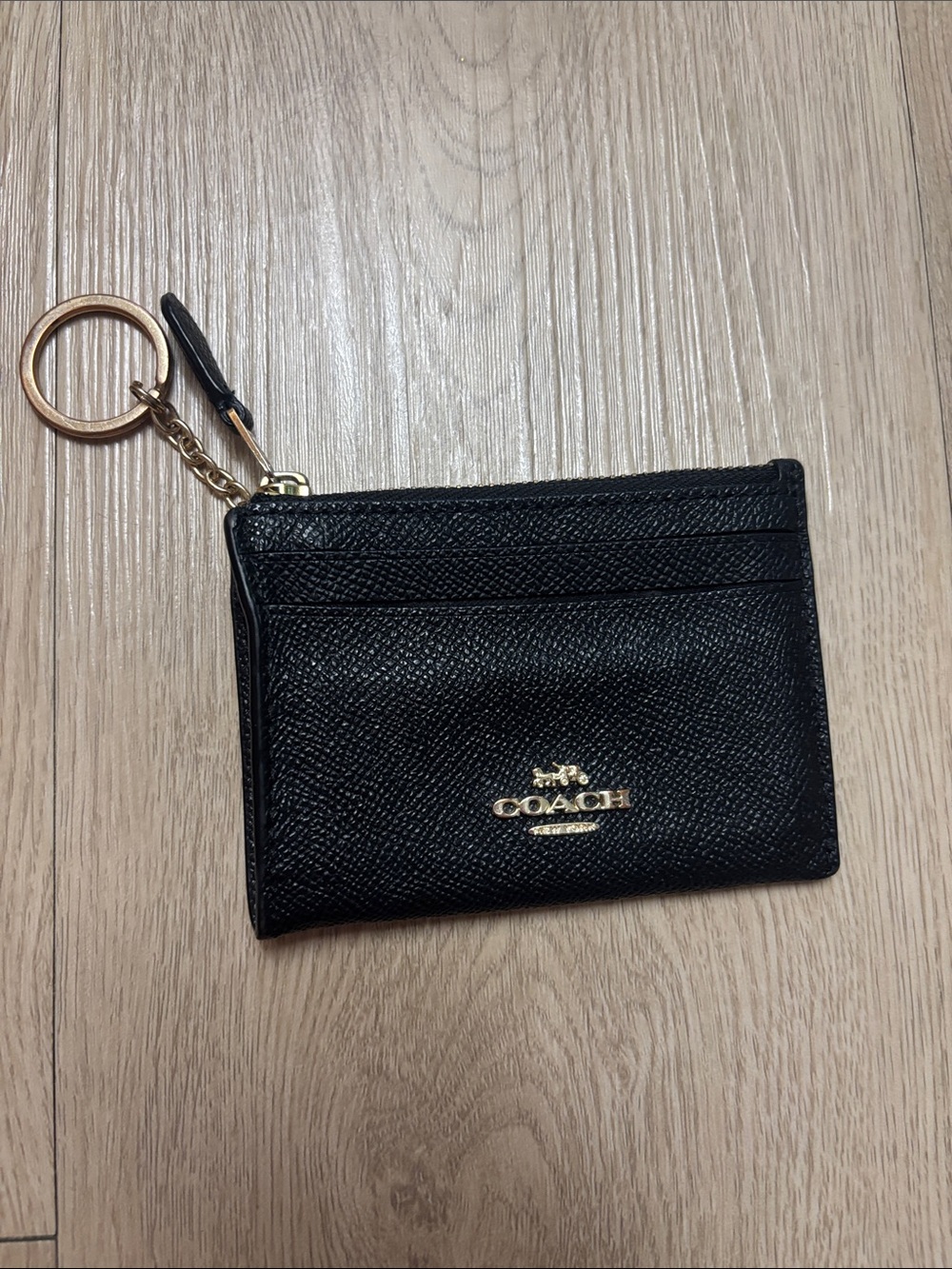 COACH Black Saffiano Leather Card Holder Keyring with Gold Hardware
